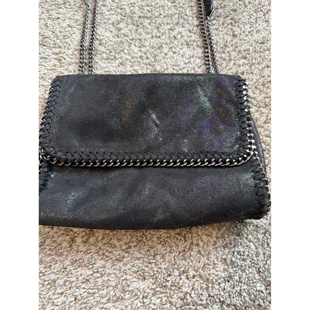 Black Iridescent Shimmer Crossbody Bag Gunmetal Chain Whipstitch Trim Shoulder - Picture 2 of 8